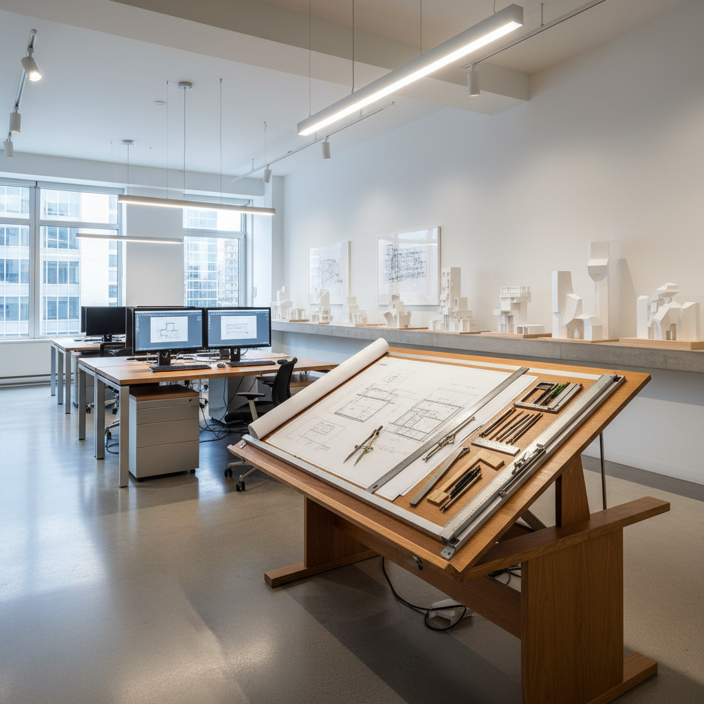Architektonický ateliér - moderní pracovní prostředí s návrhy a plány